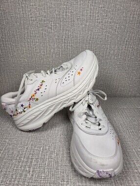 Hoka One One Bondi L Vibrant Bloom Embroidered Floral White Sneakers Women's 12
